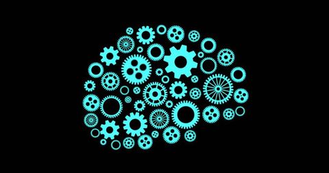 Neon gear brain network rotating on data pulse for ai technology and futurism concept