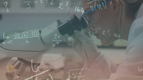 Scientist Analyzing Data Through Microscope with Mathematical Overlay
