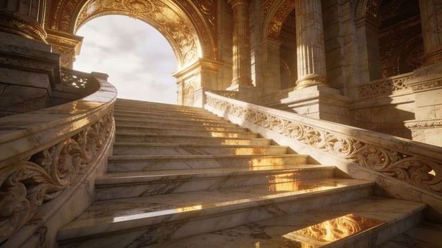 Sunlit grand marble staircase leading to gilded arch in neoclassical palace hall