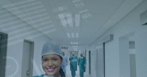 Smiling Female Doctor Amidst Futuristic Digital Data Display