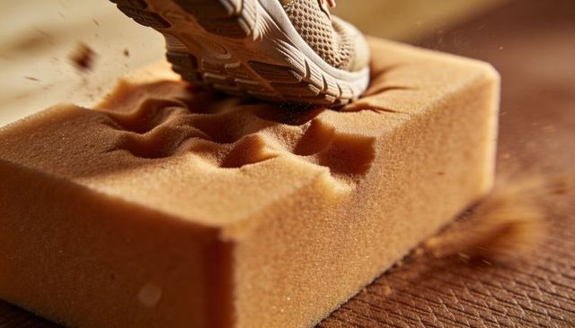 Sneaker tread pressing memory foam block, close-up texture, motion dust and cushioning