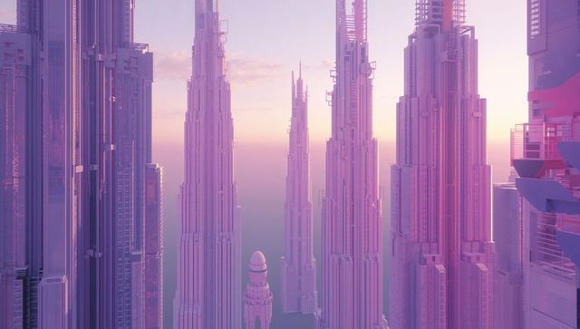 Futuristic Metropolis with Tapering Spire Towers at Sunset