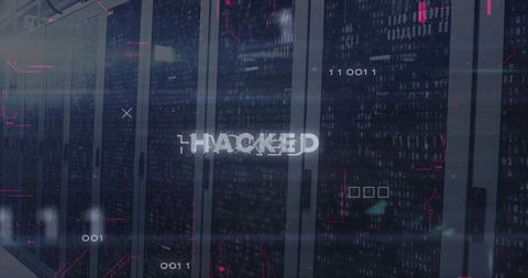 Cybersecurity Alert Hacked Text with Data Center Background