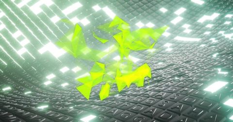 Floating neon triangles above curved tiled grid with embossed glyphs and glow