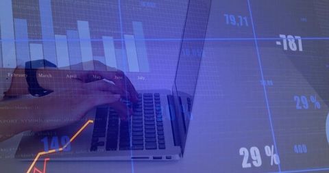 Typing hands analyzing financial charts on laptop with blue and purple data overlay