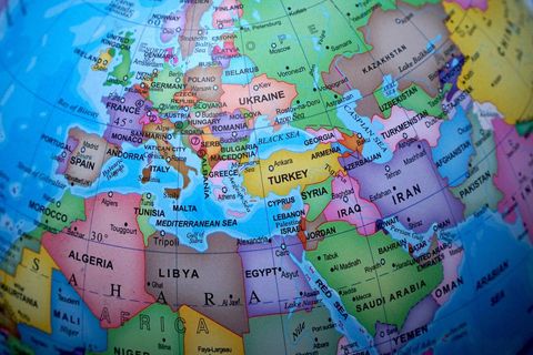 Colorful globe showing Europe, Middle East and North Africa with country names and borders