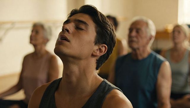 Young man practicing breathwork in group meditation class with seniors