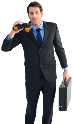 Transparent Background Businessman Holding Binoculars and Briefcase