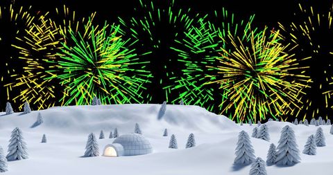 Colorful Fireworks Over Snowy Igloo Landscape