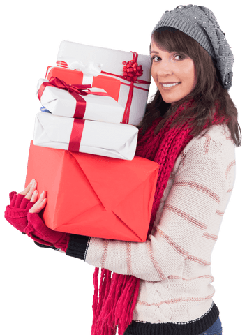 Woman in Winter Attire Carrying Christmas Gifts Transparent