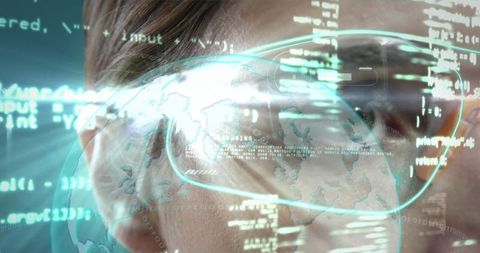 Woman using virtual reality glasses with digital interface