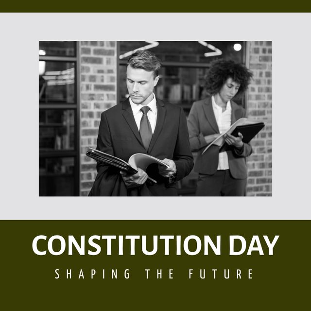 Business professionals celebrating Constitution Day, showcasing teamwork and legal expertise. Suitable for articles, presentations, and campaigns about law, corporate environments, national celebrations, and diversity in the workplace.