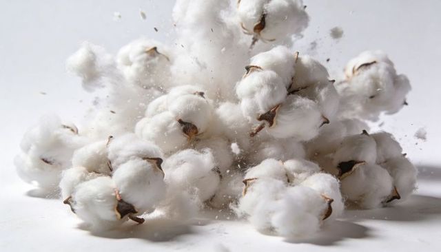 Fluffy cotton bolls cluster releasing lint closeup high-key natural fiber texture