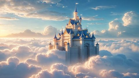 Majestic fantasy castle soaring above clouds in dreamlike utopia