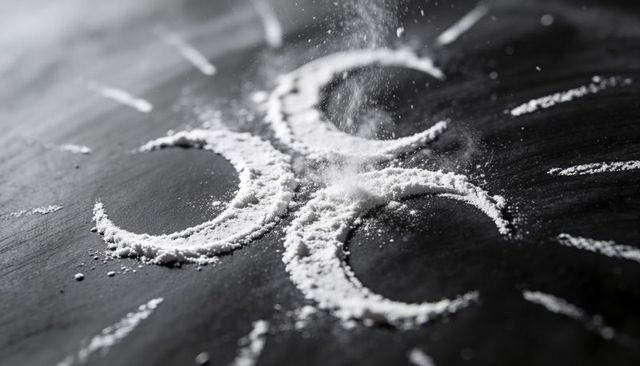 Sifting fine white powder forming triple crescent rings around central mound on dark slate