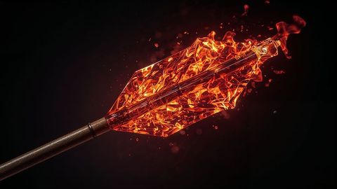 Futuristic ember-laden arrow hovering in dark void
