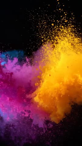 Vertical color powder explosion erupting magenta, yellow and cyan clouds mixing on black background