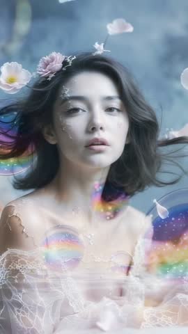 Asian model gazing amid floating petals and iridescent bubbles, ethereal beauty vertical video