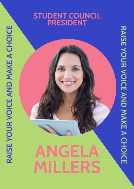 This vibrant campaign poster features a smiling young woman holding a tablet, promoting a student council presidential candidate. The eye-catching design uses bright colors and motivational text, making it ideal for school election materials, leadership promotions, and educational event announcements. Perfect for inspiring students to participate in school governance.