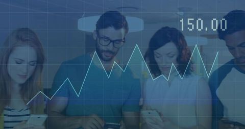 Tech-Savvy Team Analyzing Data on Smartphones with Graph Overlay