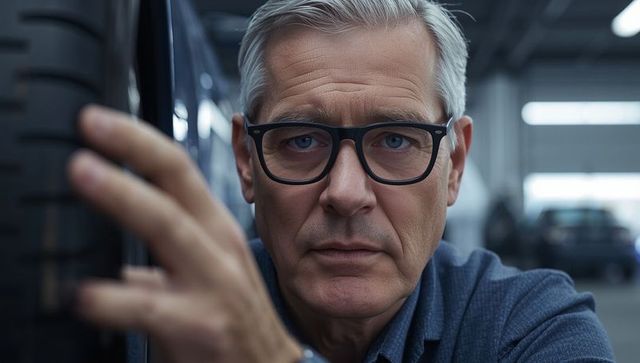 Senior mechanic examining tire in garage workshop setting