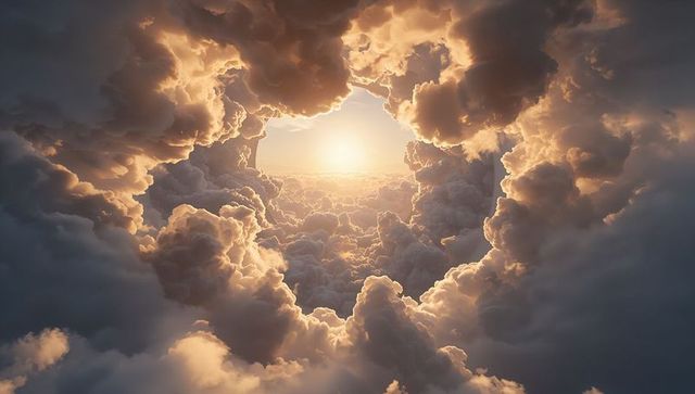 Revealing sun through circular cumulus portal, golden rays framing horizon