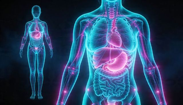 Glowing holographic female anatomy displaying heart, lungs, stomach, intestines, ribcage
