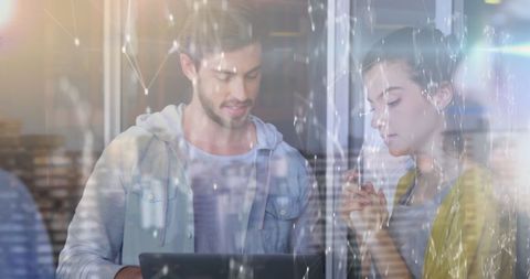 Colleagues Collaborating with Digital Networking Overlay