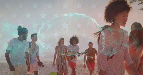 Diverse Friends Enjoy Sunset Beach Walk with American Flag