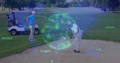 Senior golfer analyzes swing with data overlay on course