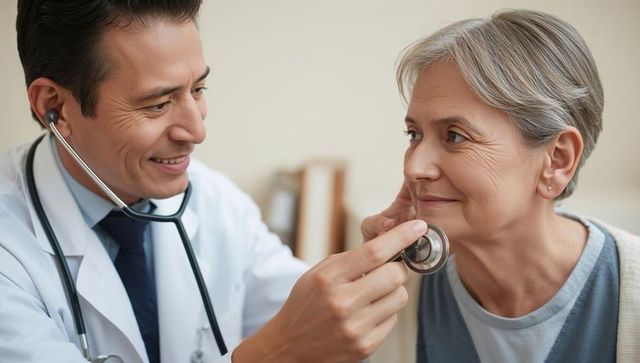 Doctor examining senior woman with stethoscope during calm geriatric clinic checkup
