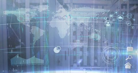 Futuristic Data Center with Global Analytics Overlays and Cloud Technology