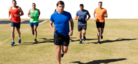 Transparent image of diverse sportsmen running competitively on field