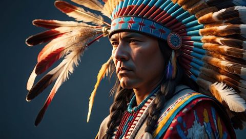 Native american man in traditional headdress and beaded garment