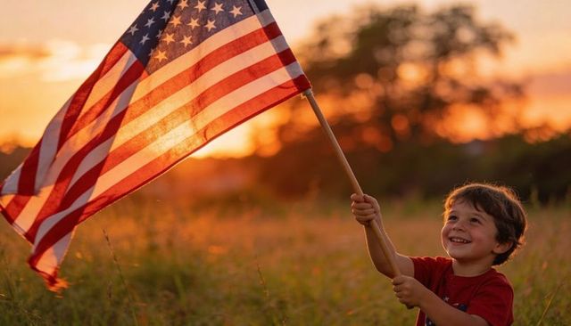 Smiling boy waving american flag at sunset in grassy field patriotic childhood freedom