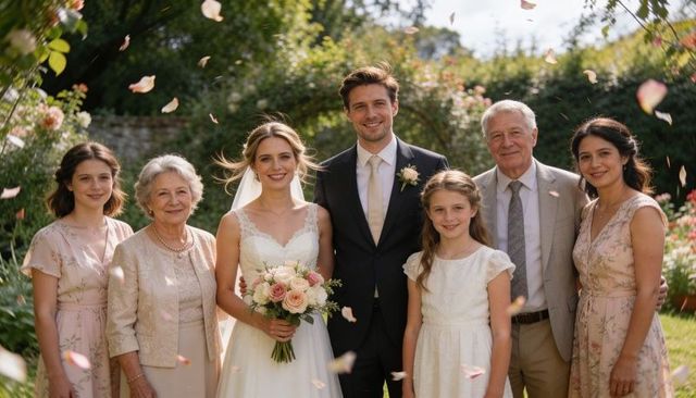 Multigenerational garden wedding portrait with bride and groom smiling, petals falling