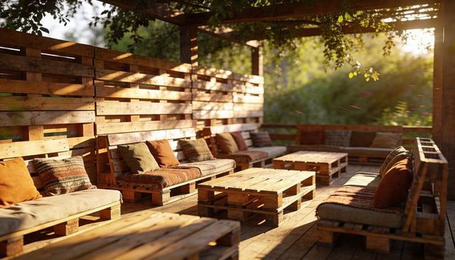 Sunlit upcycled pallet lounge under pergola with rustic cushions and warm dust motes