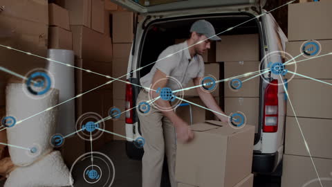 Warehouse Worker Moving Boxes With Digital Global Network Overlay