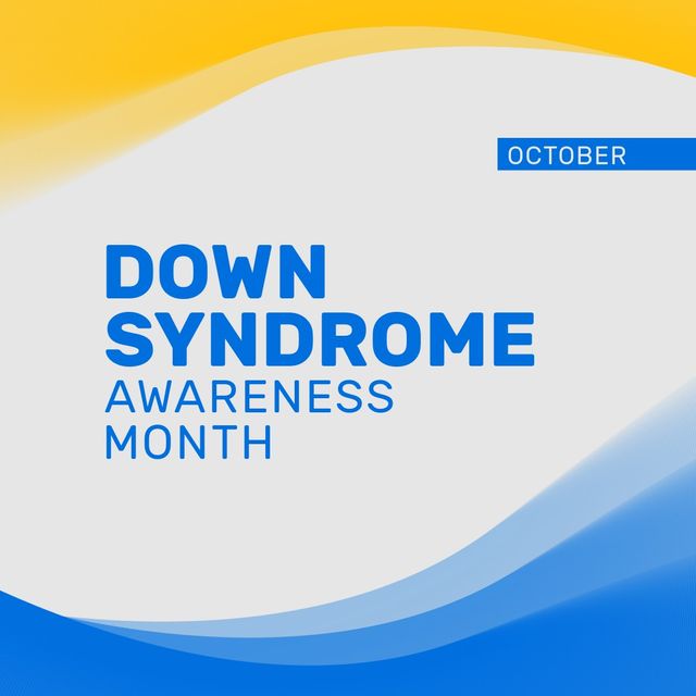 Square graphic for Down Syndrome Awareness Month in October featuring blue text and a yellow ribbon symbol. Ideal for social media campaigns, awareness events, health promotion activities, and community support posts.