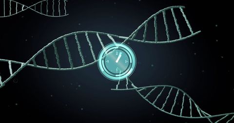 Digital Clock Overlay on DNA Strands Against Black Background