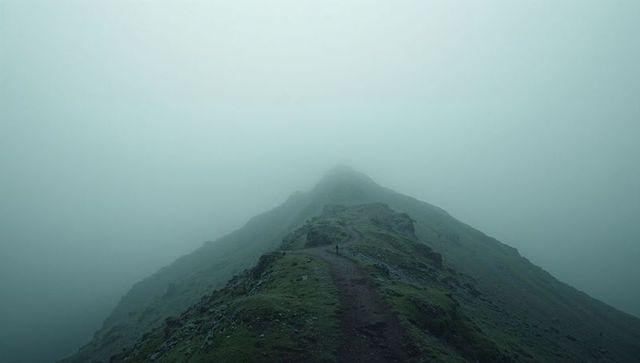 Misty mountain path winding through rugged terrain in serene wilderness