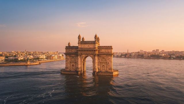 Gateway of india sunset over arabian sea with city skyline and reflective water