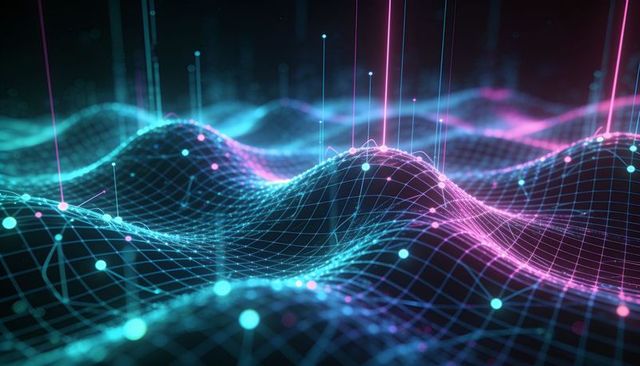 Neon wireframe wave glowing 3d data landscape with nodes, grid, light pillars, futuristic