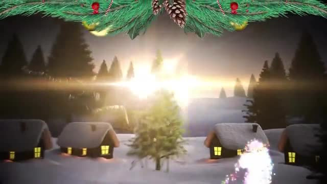 This animation depicts a cheerful Christmas scene featuring animated pine branches decorated with ornaments over a peaceful snowy village. Glowing lights from cozy cottages enhance the warm, festive atmosphere. Suitable for holiday greeting cards, seasonal banners, promotional materials, or holiday-themed social media posts.