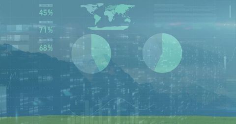 Pie charts and world map overlaying meadow landscape