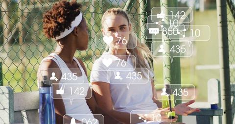 Tennis Players Engaging in Chat on Bench with Social Media Icons