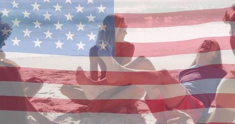 Friends Enjoying Sunny Beach Day with USA Flag Overlap