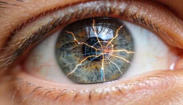 Human eye reflecting futuristic circuit grid biometric concept extreme close-up iris