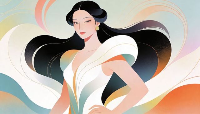 Elegant couture illustration of woman in sculpted white gown with flowing hair, pastel palette