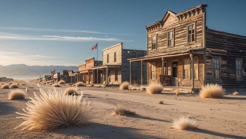 Vintage western town with wooden structures and tumbleweed in wild desert vista